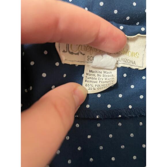 Vtg Skirt Top Set 70s 80s Blue Polka Dot Ruffle Sleeve Circle Skirt Tie Belt EUC - Picture 5 of 10